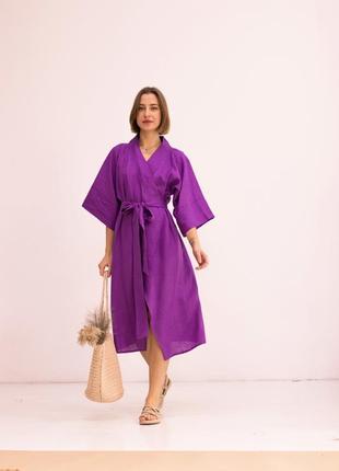 Льняное платье кимоно халат на запах3 фото