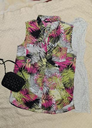 Яркая летняя цветная рубашка без рукавов, принт пальмы, 12/m-l1 фото