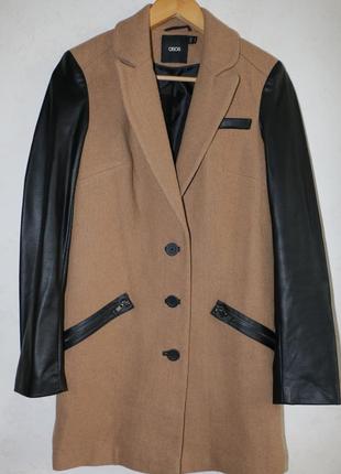 Asos шерстяное пальто с кожаными рукавами