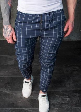 Весенние мужские брюки штаны синие в клетку кэжуал стильные