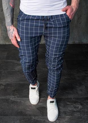 Весенние мужские брюки штаны синие в клетку кэжуал стильные