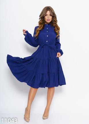 Синее расклешенное платье с воланами1 фото