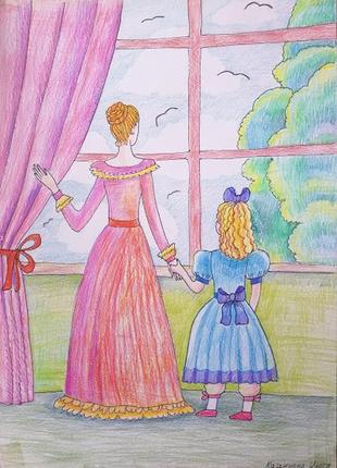 Картина цветными карандашами. "мама с дочкой". композиция,  а3