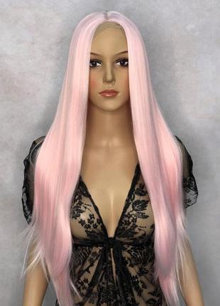 Перука на сітці lace wig ніжний рожевий довгий прямий з проділом термо + шапочка під перуку в подарунок