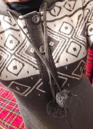 Серый кардиган этно узор. длинная кофта с капюшоном. вязаное пальто4 фото
