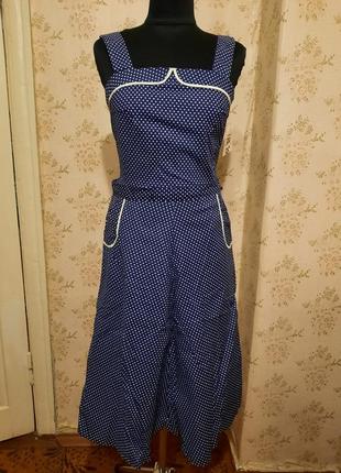Вінтажний сарафан в дрібний горох на синьому.