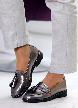 Женские кожаные мокасины туфли лоферы никель серебро2 фото
