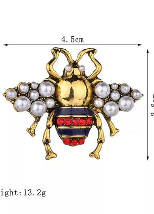 Брошь брошка пчела оса жемчуг золотая красная булавка синяя медная7 фото