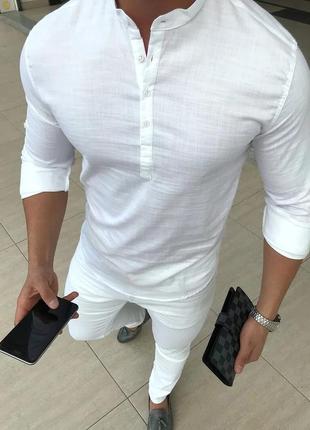 Чоловіча сорочка з коміром стійкою біла річна стильний casual з довгим рукавом легка
