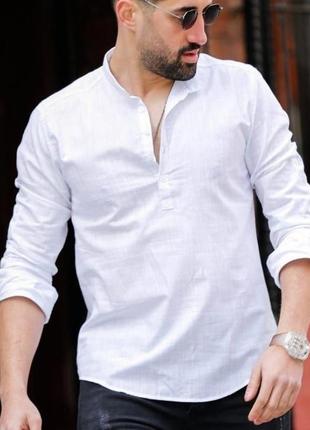 Мужская рубашка с воротником стойкой белая летняя стильная casual с длинным рукавом легкая3 фото