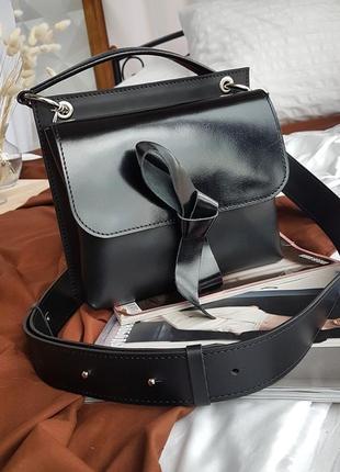 Сумка женская натуральная кожа с бантом, черная матовая 1605