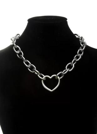 Цепь цепочка чокер ожерелье колье кулон сердце металлическая серебро на шею массивная