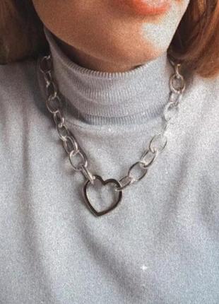 Цепь цепочка чокер ожерелье колье кулон сердце металлическая серебро на шею массивная7 фото