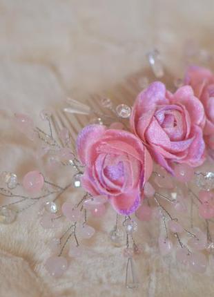 Гребень с розовым кварцем "розочки"