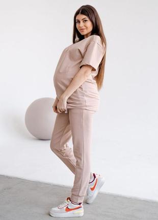 Спортивні штани для вагітних, майбутніх мам бежеві (спортивные брюки для беременных)5 фото