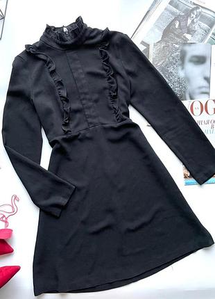 👗обалленное чёрное платье zara длинный рукав/чёрное короткое платье с рюшами под горло👗