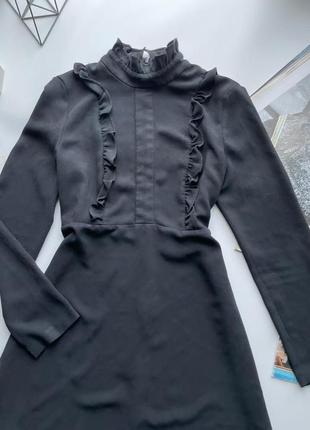 👗обалленное чёрное платье zara длинный рукав/чёрное короткое платье с рюшами под горло👗6 фото