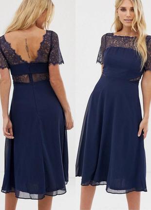 Сукня міді asos xs-s синє з мереживом1 фото