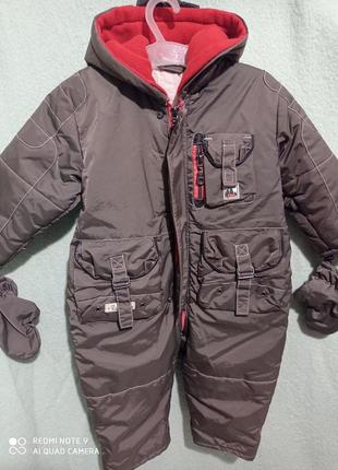 Демисезонный комбинезон с капюшоном и рукавиками хаки хлопок 💯 12м