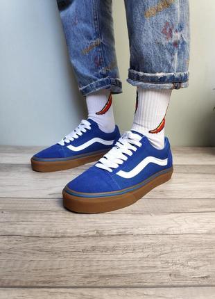 Кеди унісекс vans old skool сині з коричневою підошвою олд скул венс ванс2 фото