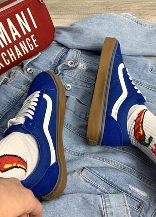 Кеди унісекс vans old skool сині з коричневою підошвою олд скул венс ванс5 фото