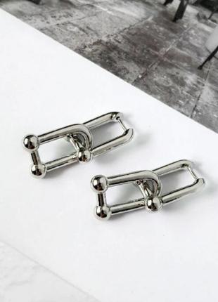 Массивные серьги карабины серебро 925 покрытие двойные сережки тренд5 фото