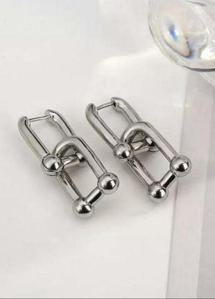Массивные серьги карабины серебро 925 покрытие двойные сережки тренд4 фото