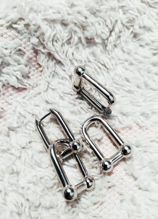 Массивные серьги карабины серебро 925 покрытие двойные сережки тренд9 фото