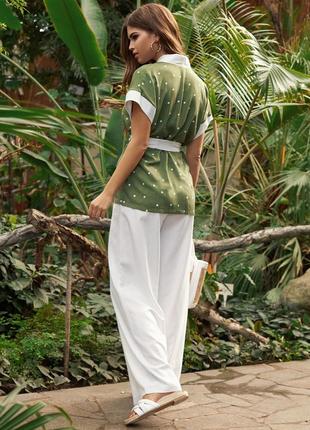 Натуральний льон вільний костюм штани штани блузка блуза зелений білий3 фото