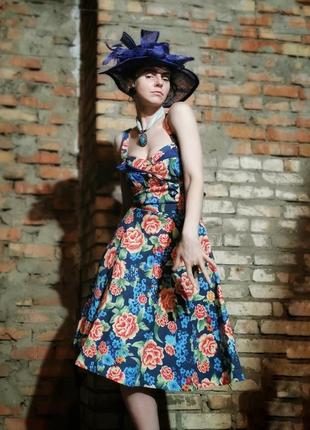 Платье миди стрейч расклешенное в ретро стиле lindy bop pin up коттон хлопок в цветы2 фото