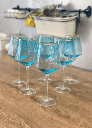 Набор 6 бокалов для вина из голубого стекла кристалл 600 мл3 фото