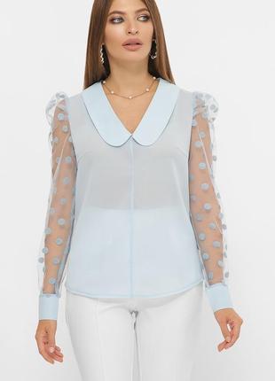 Голубая блузка с прозрачными рукавами в горошек2 фото