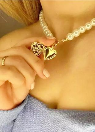 Чокер серце на шию перли сердце золото украшение на шею4 фото