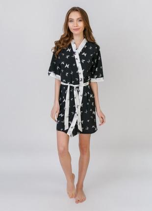 Халат кимоно 48 софт с бабочками чорний serenade