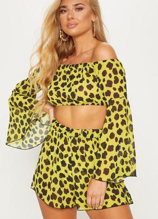 Жовтий плямистий пляжний топ з розкльошеними рукавами
