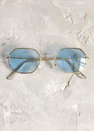 Восьмикутні унісекс окуляри в тонкій оправі з блакитними лінзами1 фото