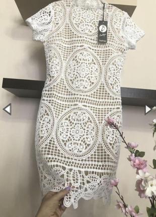 Шикарное кружевное платье мини, вечернее белое платье мини,5 фото