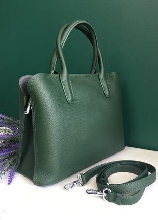 Сумка шкіряна класична жіноча polina eiterou натуральна зелена чорна поліна ручки до італія