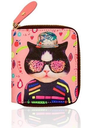 Новий модний компактний короткий гаманець на блискавці з котом кіт в окулярах