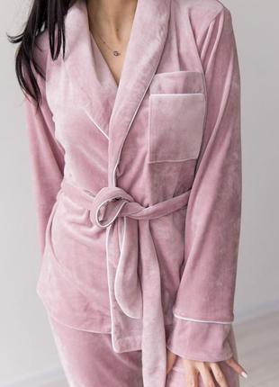 Стильна пудрова піжама шаль, халат+штани/пудровый пижамный костюм4 фото