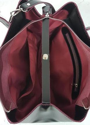 Стильная женская сумка кожаная, черная полуматовая с марсала изнанкой 17165 фото