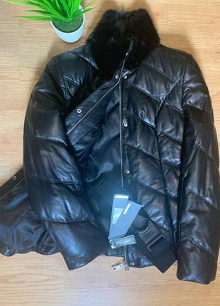 Boritray пуховик - куртка кожаный женский стильный, воротник норка, черный7 фото