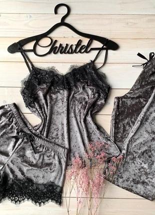 Велюровий комплект трійка майка шорти штани сірий