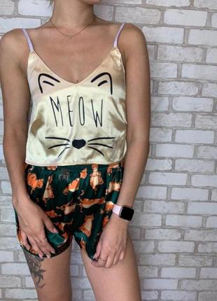 Атласная пижама пижамка сексуальная пижама котик пижама с котиком шорты шовкова піжама