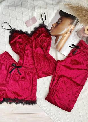 Велюровий комплект трійка майка шорти штани бордо
