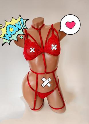Комплект сексуального белья красное бордовое кружевное эротик набор пояс чулки стринги1 фото