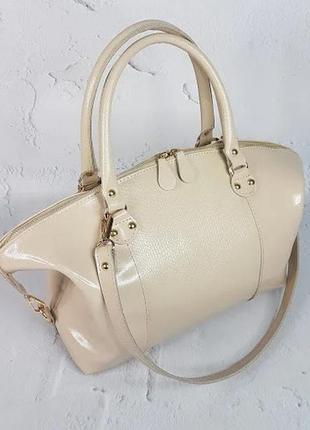Сумка средняя натуральная кожа женская, слоновая кость глянец с рептилией 16205 фото