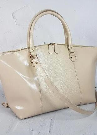 Сумка средняя натуральная кожа женская, слоновая кость глянец с рептилией 16202 фото