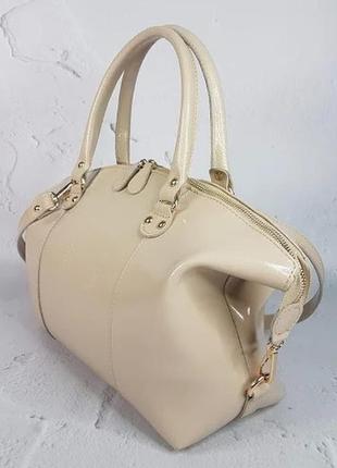 Сумка средняя натуральная кожа женская, слоновая кость глянец с рептилией 16204 фото