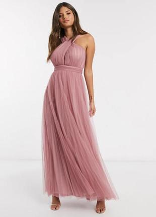 Вечернее выпускное розовое воздушное платье-сетка4 фото
